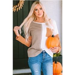 Orange Long Sleeve Colorblock Chest Pocket Textured Knit Top