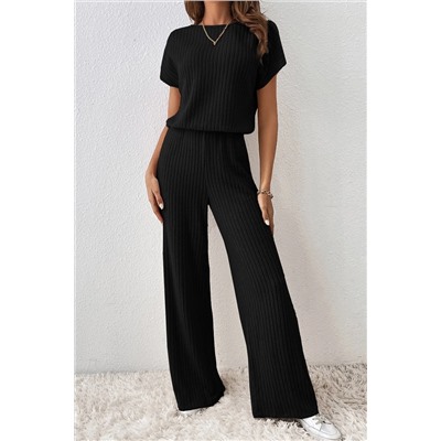 Black Solid Color Ribbed Short Sleeve Wide Leg Jumpsuit