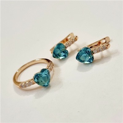 Комплект ювелирная бижутерия, серьги и кольцо позолота, камни голубые, р-р 19, 54209 арт.847.846