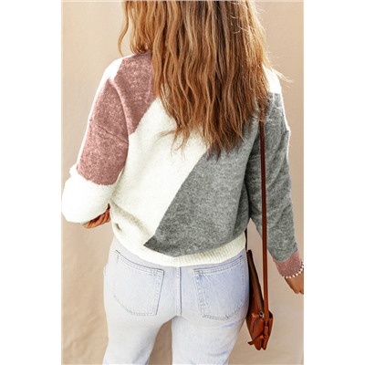 Gray Colorblock Ribbed Trim Round Neck Sweater