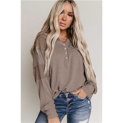 Chestnut Waffle Patchwork Dolman Sleeve Henley Top