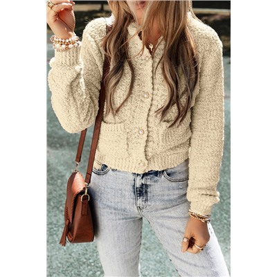 Oatmeal Pearl Buttons Popcorn Textured Sweater Cardigan