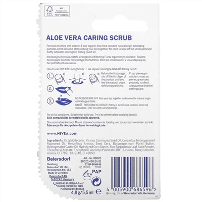 Nivea, Caring Scrub, Super Soft Lips, Aloe Vera + Vitamin E, 0.17 oz (4.8 g)