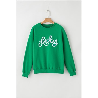 Green LUCKY Aphabet Chenille Embroidered Pullover Sweatshirt
