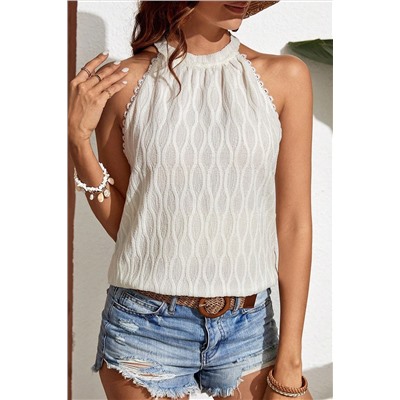 Beige Frenchy Lace Trim Textured Halter Tank Top