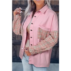 Pink Plaid Patchwork Raw Hem Shacket