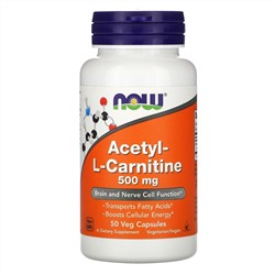 Now Foods, ацетил-L-карнитин, 500 мг, 50 вегетарианских капсул