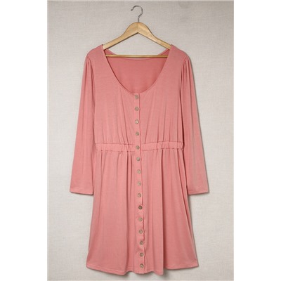 Pink Solid Button Front Plus Size Long Sleeve Dress