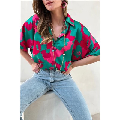 Green Abstract Print V Neck Blouse