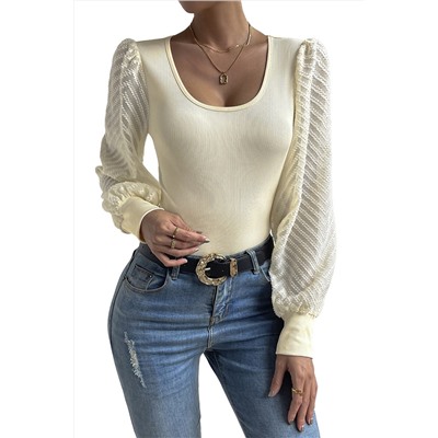 Apricot Delicate Textured Mesh Sleeve Ribbed Knit Blouse