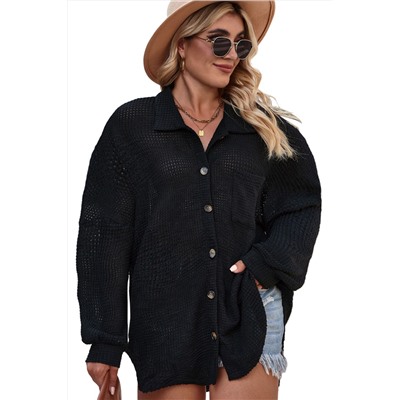 Black Plus Size Chest Pocket Waffle Knit Shirt