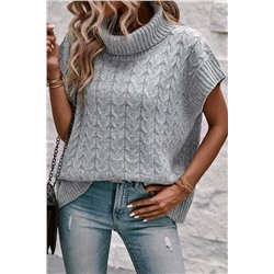 Medium Grey Cable Knit Turtleneck Batwing Sleeve Sweater