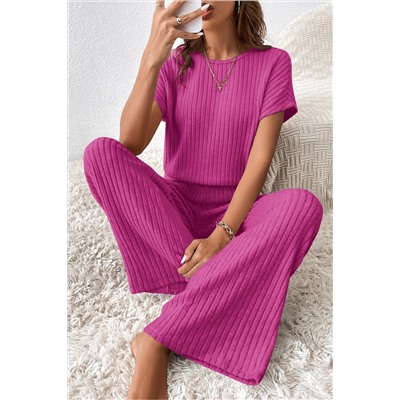 Rose Red Solid Color Ribbed Short Sleeve Wide Leg Jumpsuit