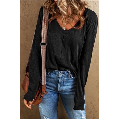 Black V Neck Center Seam Long Sleeve Tee