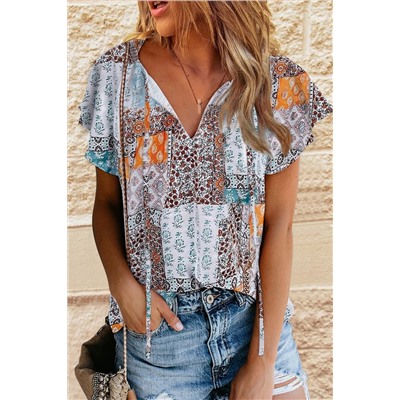 Multicolor Boho Mixed Patterns Flutter Sleeves Top