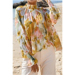 Yellow Floral Print Flounce Sleeve Mock Neck Blouse