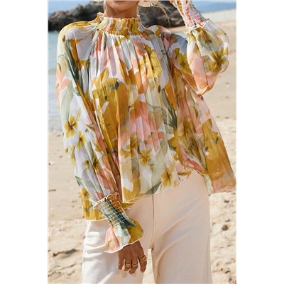 Yellow Floral Print Flounce Sleeve Mock Neck Blouse