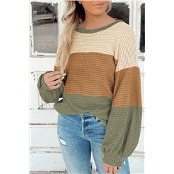 Green Stripe Textured Color Block Bubble Sleeve Baggy Top