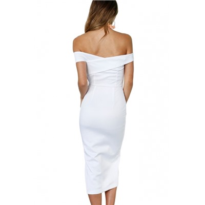 Белое платье бодикон со спущенными рукавами и разрезом