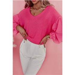 Rose Waffle Knit Balloon Sleeve Splicing V Neck Top