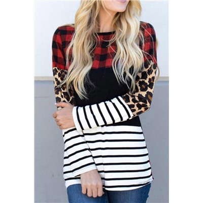 Plaid Print Leopard Splicing Striped Color Block Long Sleeve Top