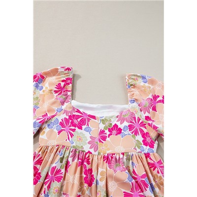Rose Summer Floral Square Neck Puff Sleeve Babydoll Dress