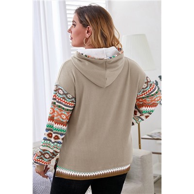 Smoke Gray Aztec Patchwork Sleeve Waffle Drawstring Plus Hoodie