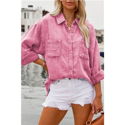 Pink Mineral Wash Crinkle Textured Chest Pockets Shirt