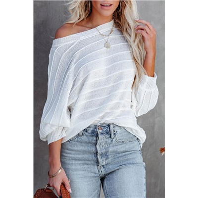 White 3/4 Dolman Sleeve Rib Knitted Sweater