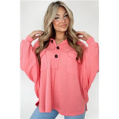 Pink Corded Flap Pocket Henley Top