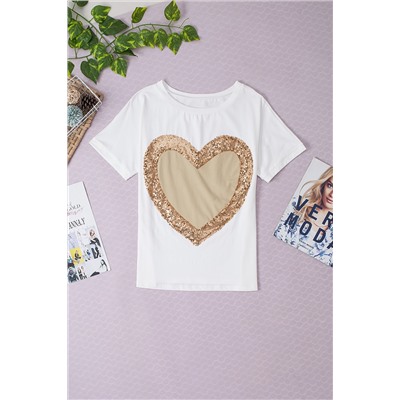 White Valentine's Day Sequined Heart Crew Neck Short Sleeve Top