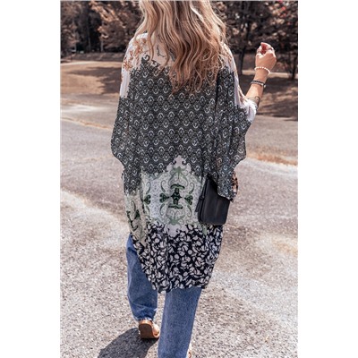 Green Boho Floral Print Irregular Hem Flowy Kimono