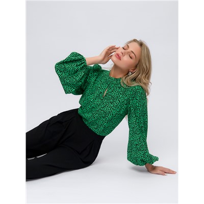 Блуза зеленого цвета с принтом с длинными рукавами и разрезом на груди