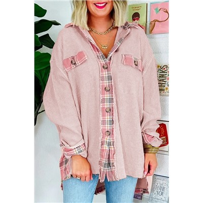 Apricot Pink Plaid Raw Edge High Low Waffle Knit Oversized Shacket