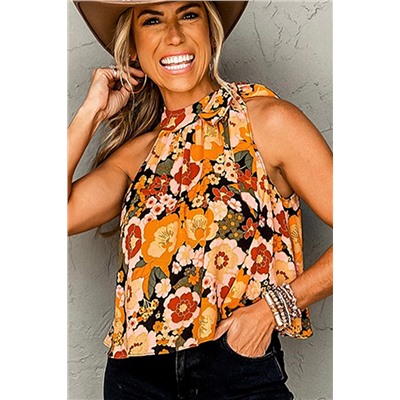 Orange Floral Print Knotted Halter Neck Sleeveless Top