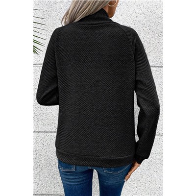 Black Asymmetric Buttons Detail High Neck Textured Sweatshirt