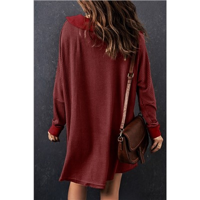 Red Waffle Knit Buttoned Long Sleeve Top