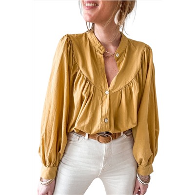 Yellow Puff Sleeve Pleated Loose Shirt