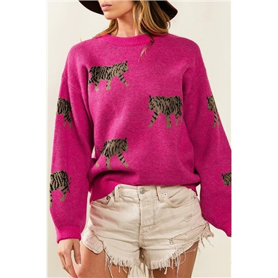 Rose Red Fierce Animal Pattern Casual Knitted Sweater