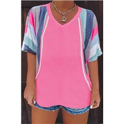 Pink Striped Patchwork Short Sleeve V Neck Plus Size T-Shirt
