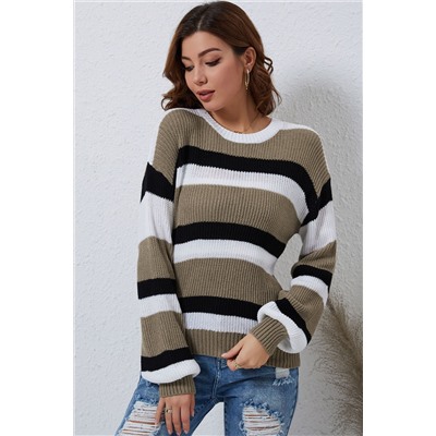 Gray Striped Colorblock Pattern Knit Sweater