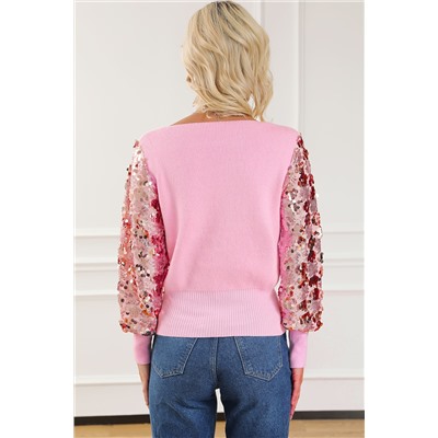 Pink Contrast Sequin Sleeve V Neck Ribbed Knit Sweater