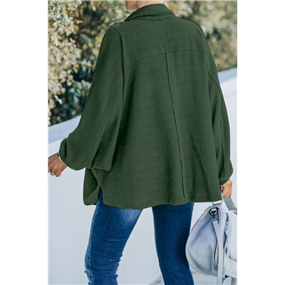 Blackish Green Plus Size Long Sleeve Flap Pocket Henley Top