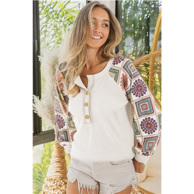 Multicolor Aztec Print Raglan Sleeve Henley Sweatshirt