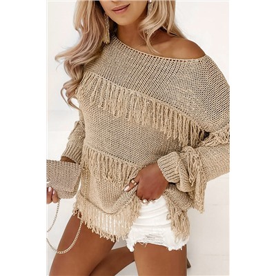 Khaki Boho Tasseled Knitted Sweater