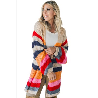 Stripes Knitted Balloon Sleeve Open Cardigan