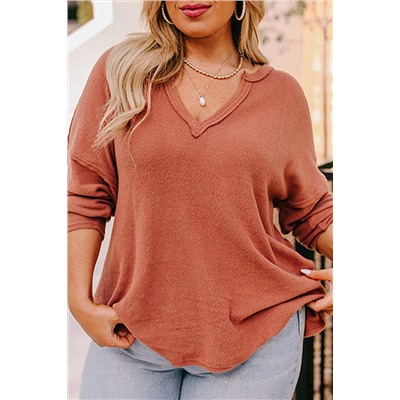 Gold Flame Plus Size Exposed Seam V Neck Long Sleeve Top