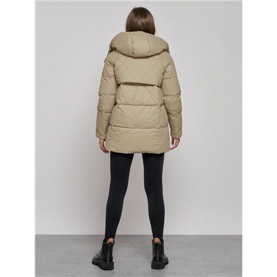 Зимняя женская куртка молодежная с капюшоном светло-коричневого цвета 52301SK