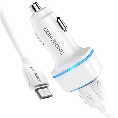 Адаптер Автомобильный с кабелем Borofone BZ14 Max 2USB/5V/2.4A +micro USB (white)