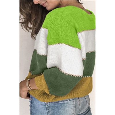 Green Plus Size Color Block Patchwork Sweater